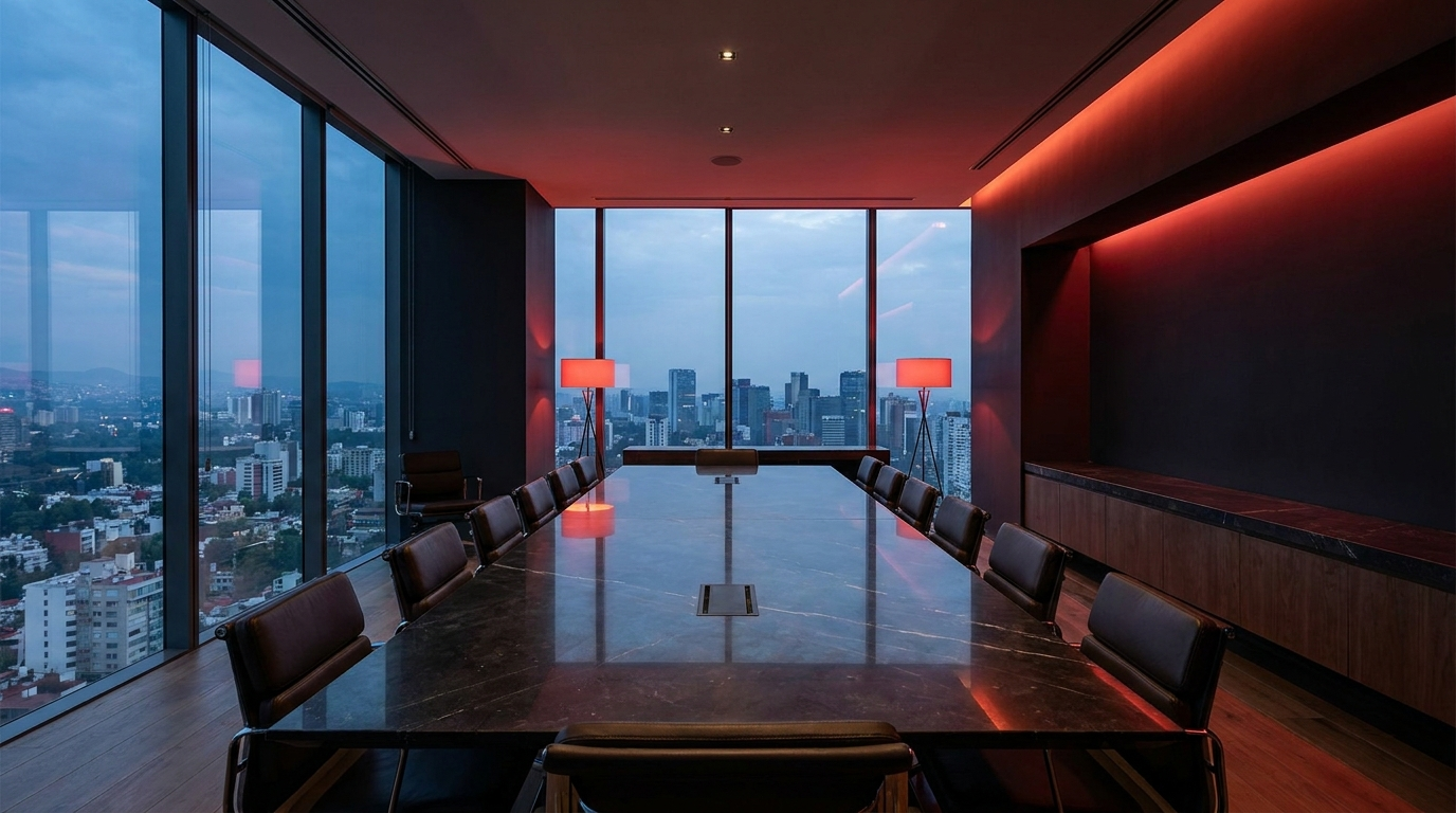 Sala de juntas del despacho con vista a la Ciudad de México
